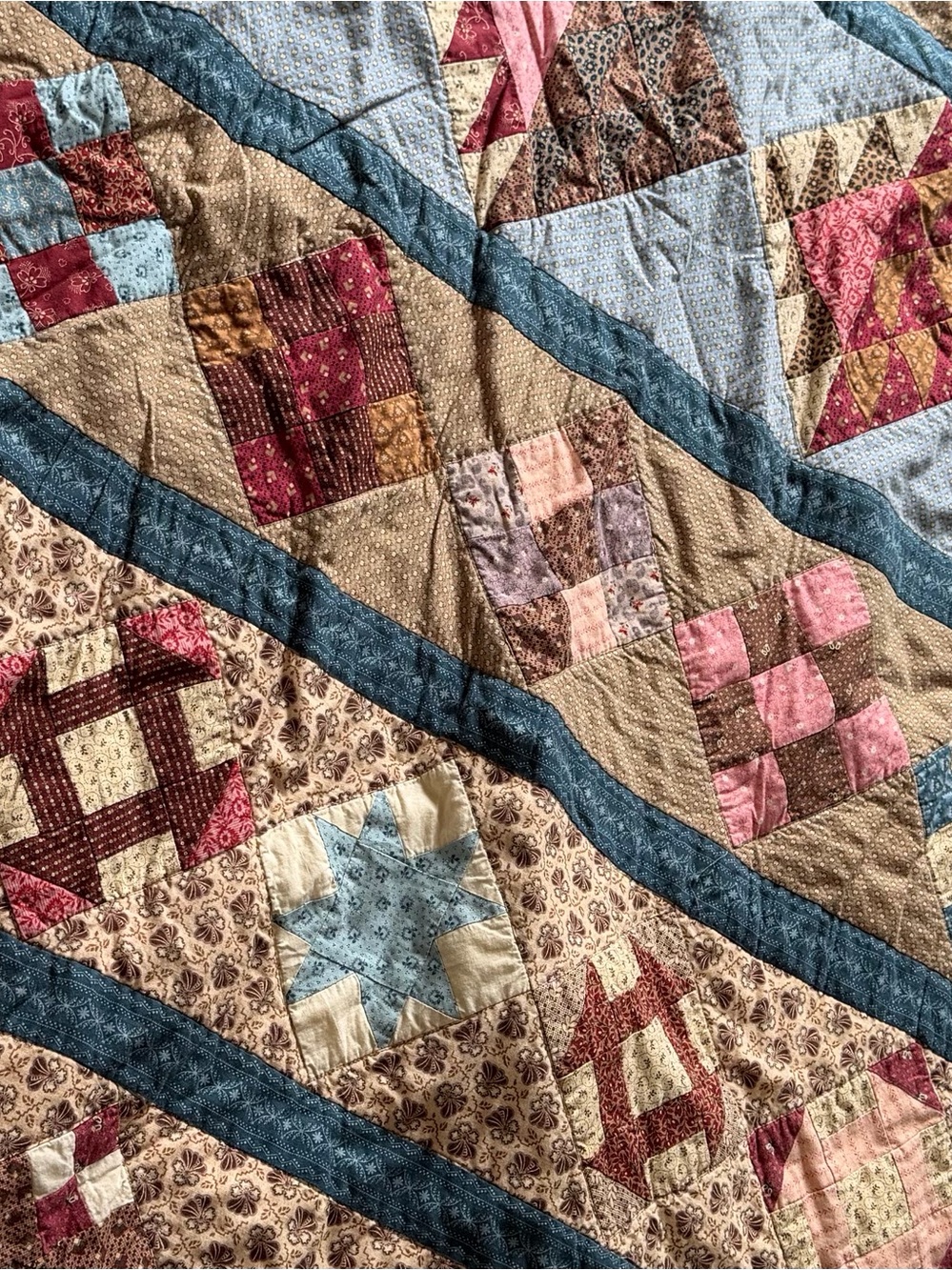 Vintage Handmade Sampler Patchwork Quilt Full Queen 89x73.5 Earthy Blue Tan